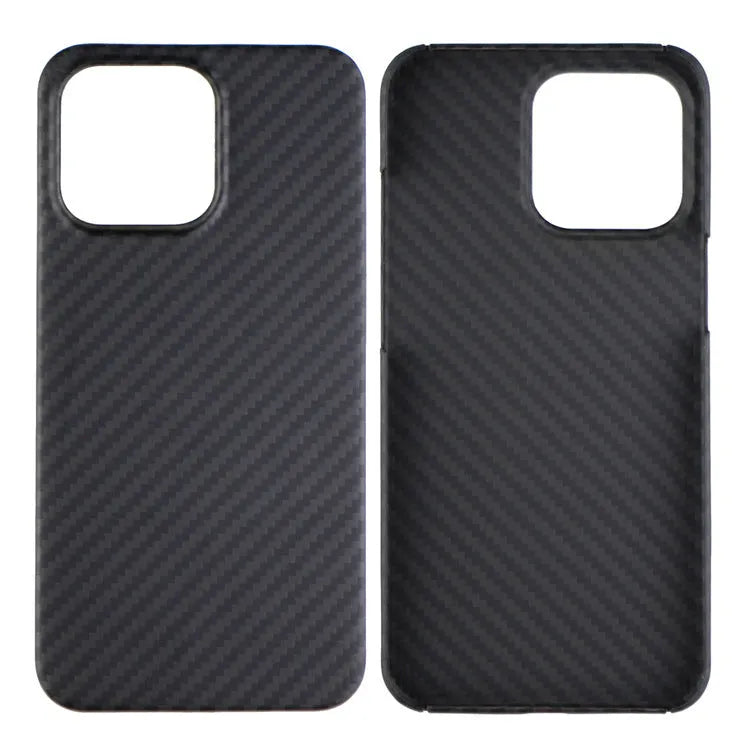 Matt black Kevlar fibre iPhone case with volcano crater texture shown on an iPhone 14 Pro.