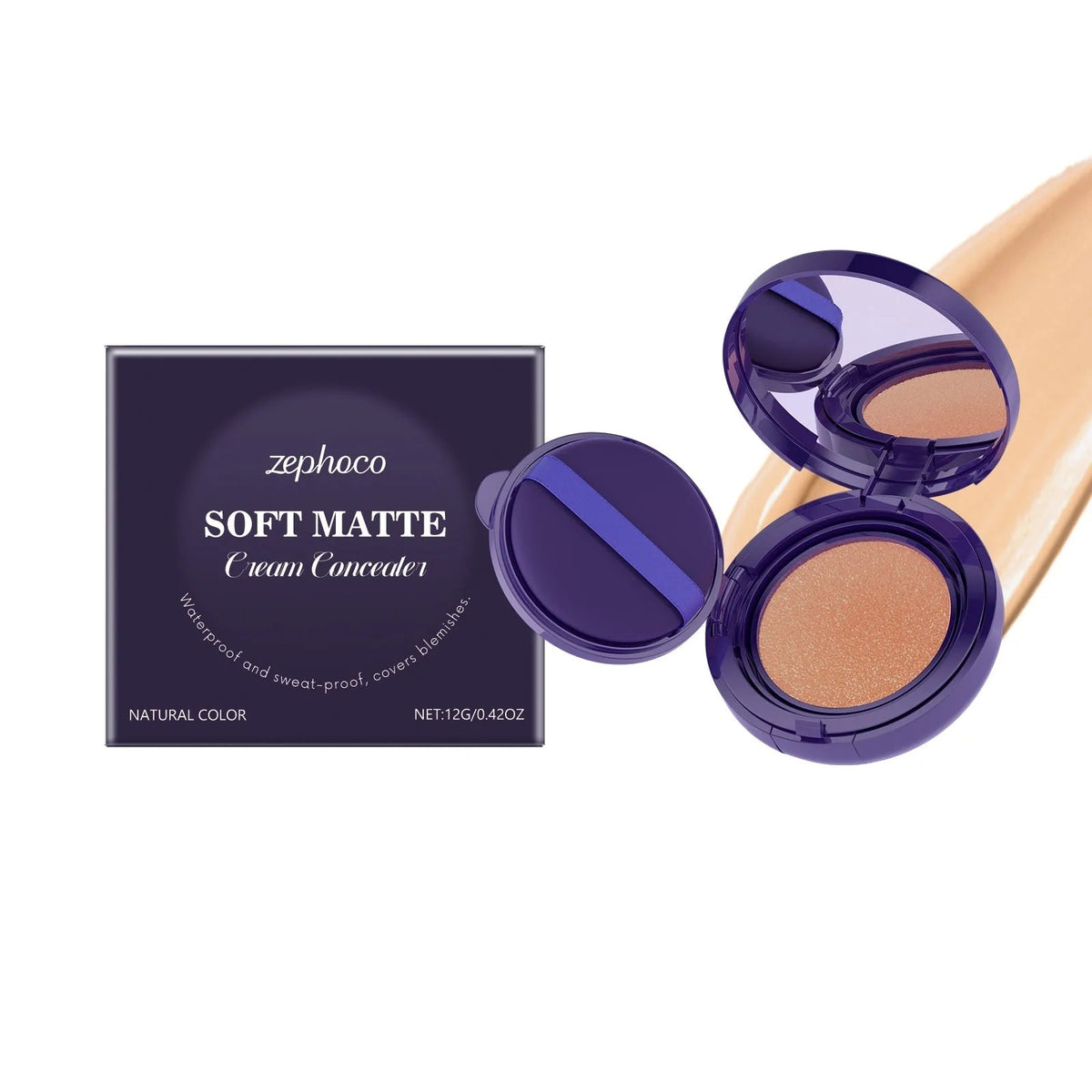 Soft matte cream concealer compact in Ivory White shade with air cushion applicator.