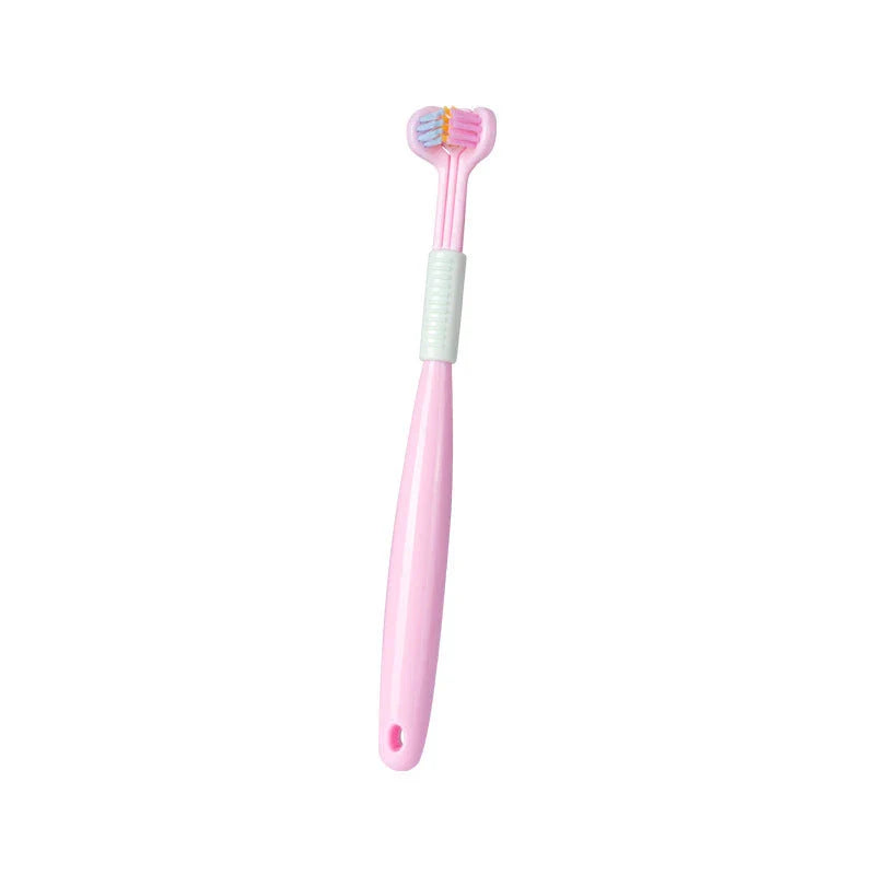 A soft bristle toothbrush with a unique triple-sided brush head for deep cleaning and customizable bristle firmness.