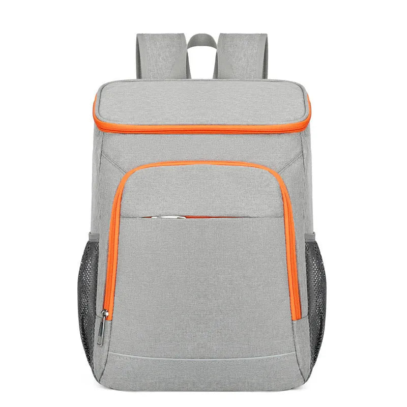Large Oxford cloth backpack for outdoor thermal picnics with curved shoulder straps in grey with orange accents
