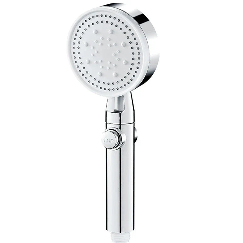 Premium 5-speed pressurized shower head with large water output, ABS construction, and modern minimalist design