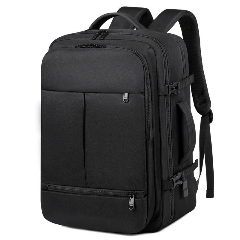A stylish and high-capacity backpack with multiple pockets and zippers, designed for business and travel use.