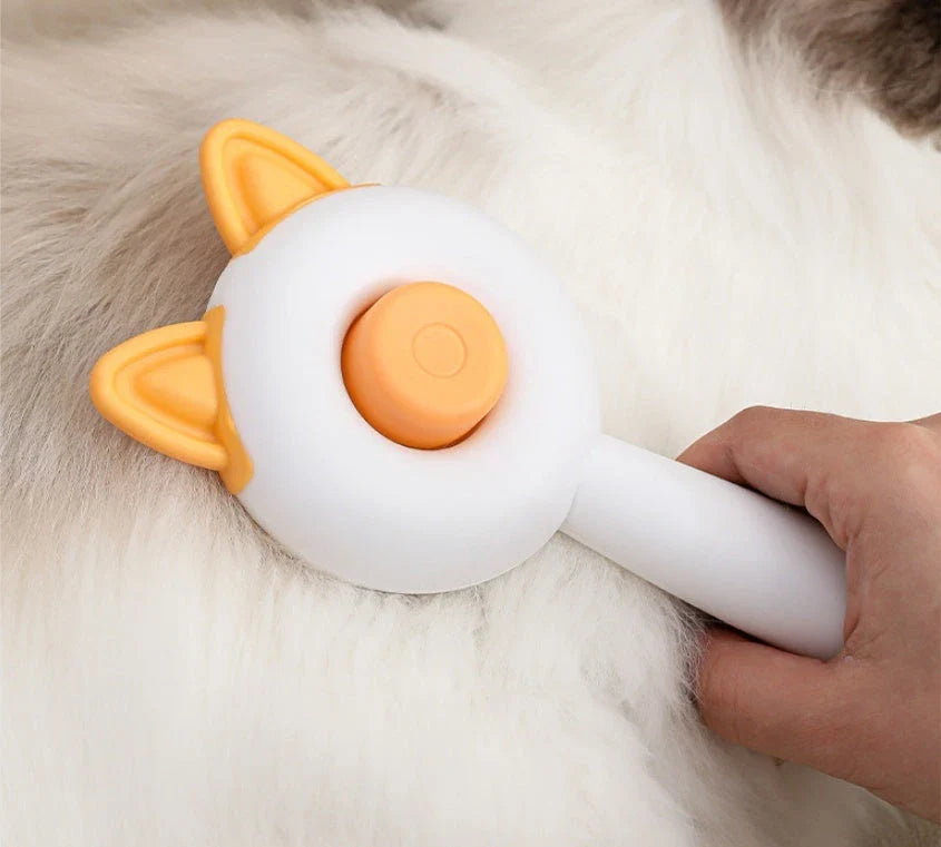 Dual-purpose pet grooming brush with self-cleaning design, available in greenish white and orange white colors