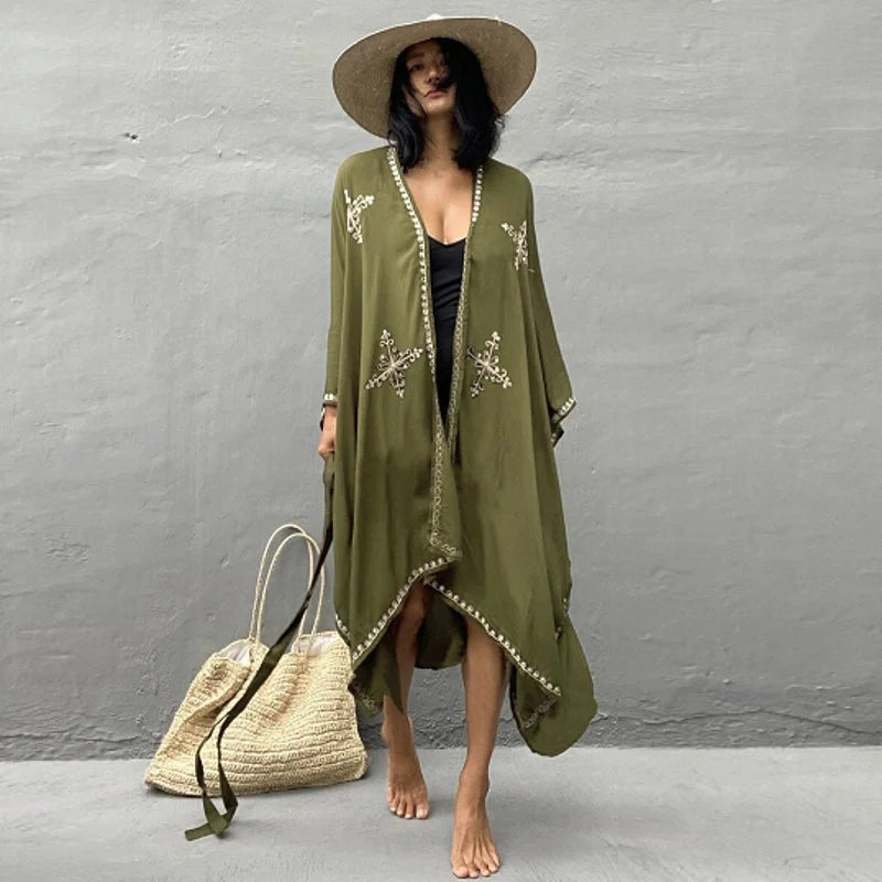 Stylish rayon embroidered beach cover-up with sun protection in various colors