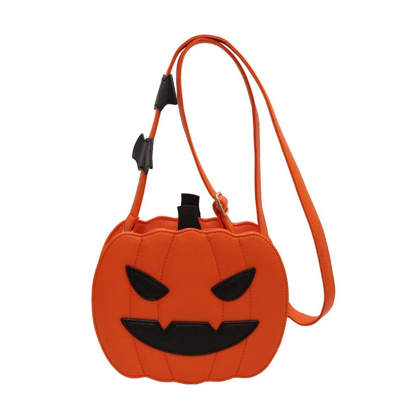 Pumpkin cartoon shoulder bag with adjustable strap and roomy interior, available in various Halloween-inspired colors