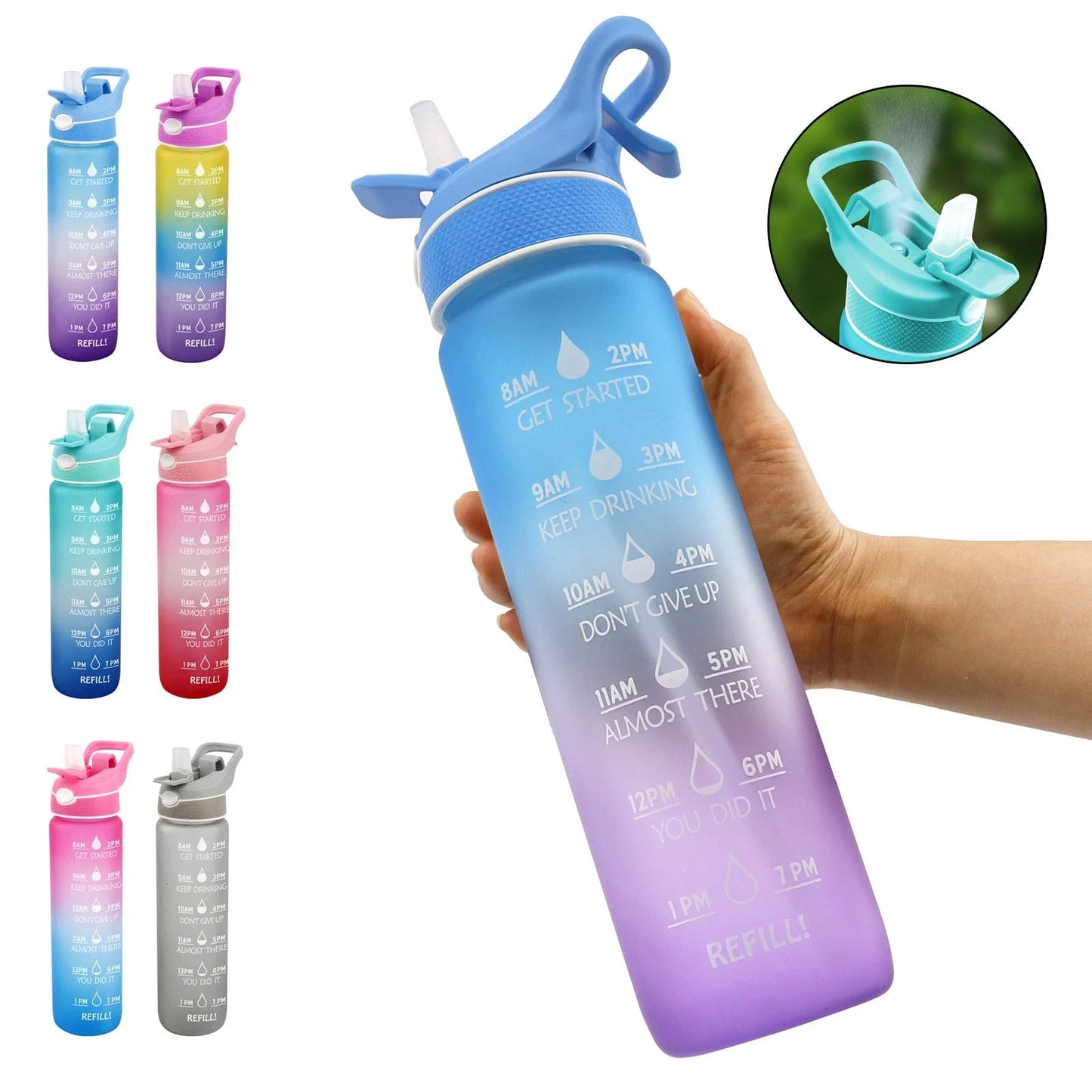 Premium sports water bottle with one-touch open cover, straw, and spray function, made of durable Tritan material in vibrant colors for active lifestyles.
