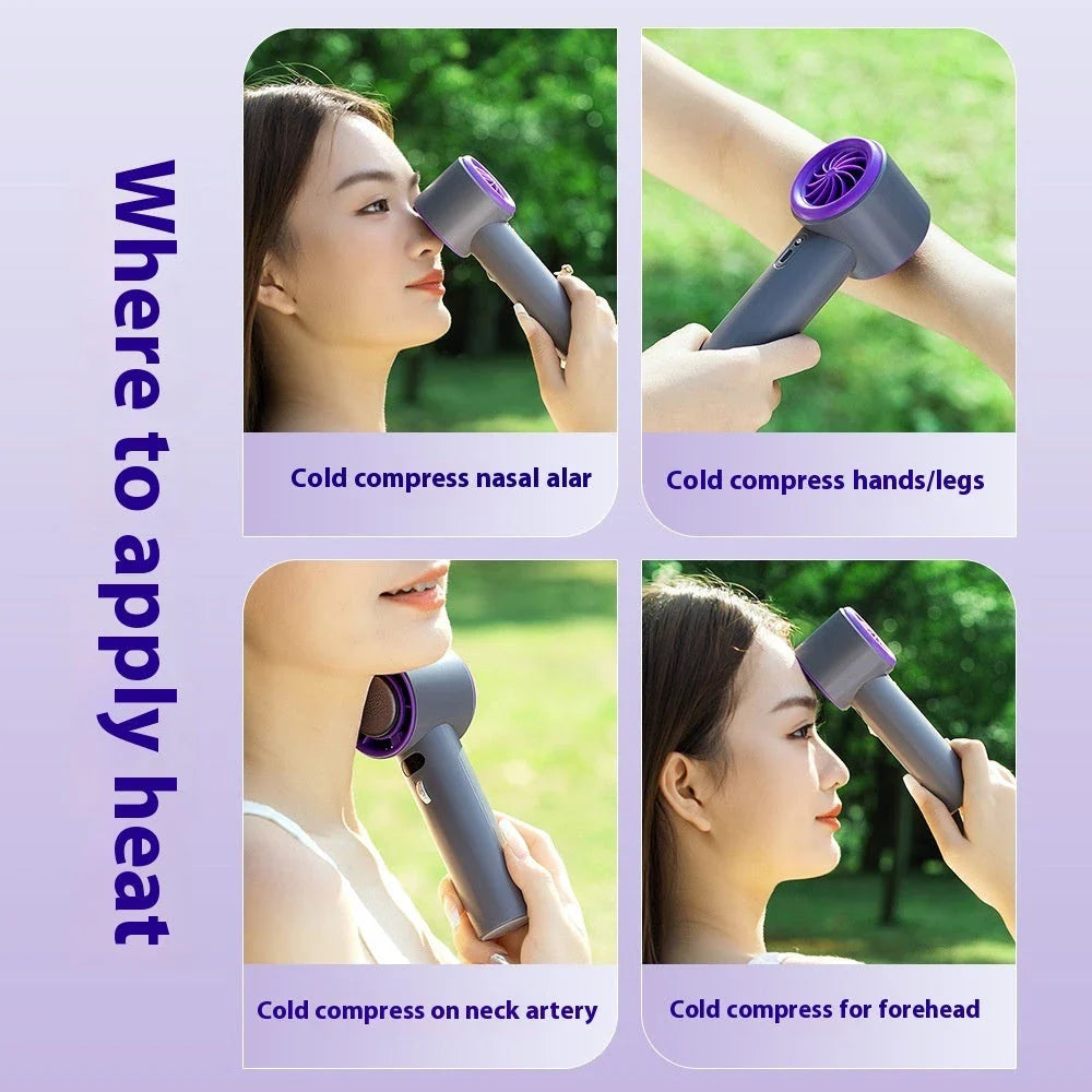 Powerful portable handheld turbine fan with cooling system, adjustable airflow, long-lasting battery, and compact design for on-the-go refreshment.
