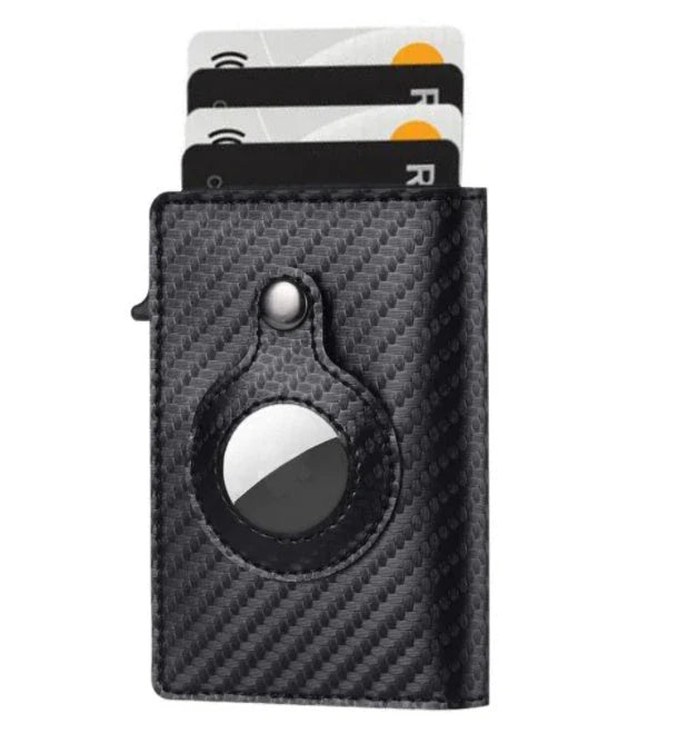 Premium leather wallet with built-in AirTag pocket and RFID blocking technology for secure everyday carry