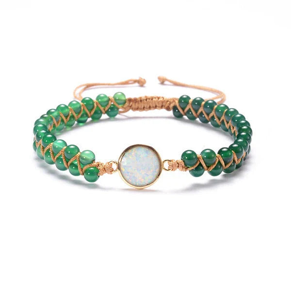 Stylish stone-wrapped bracelets featuring genuine amethyst and opal accents in a braided design