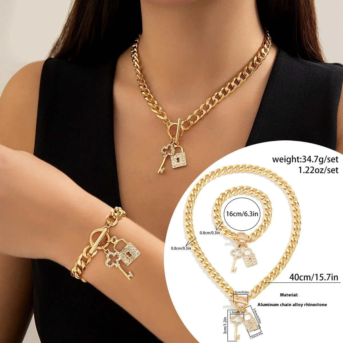 Elegant chain necklace and bracelet set with shiny lock and key pendant, fashionable ladies accessories