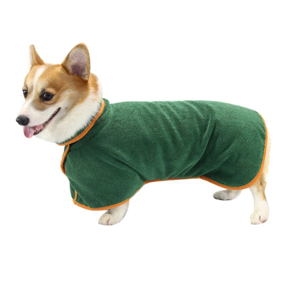 Absorbent pet drying robe with adjustable waist wrap, made of premium microfiber and terry cloth for quick drying and comfort
