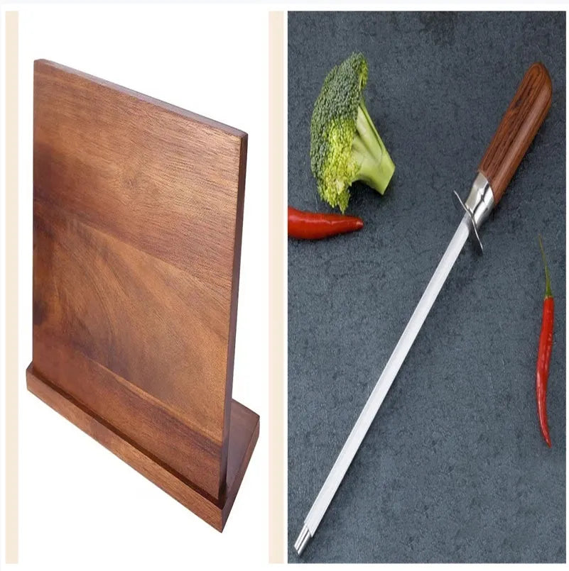 Solid wood magnetic knife holder in wood colour for kitchen storage.