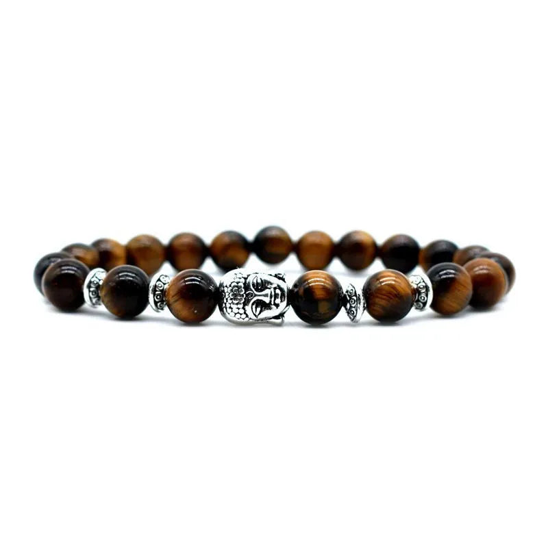 Unisex amethyst bracelet with a detailed Buddha head charm in one of five gemstone colours.