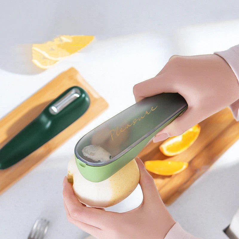 Versatile potato and vegetable peeler with storage compartment for efficient and organized kitchen prep