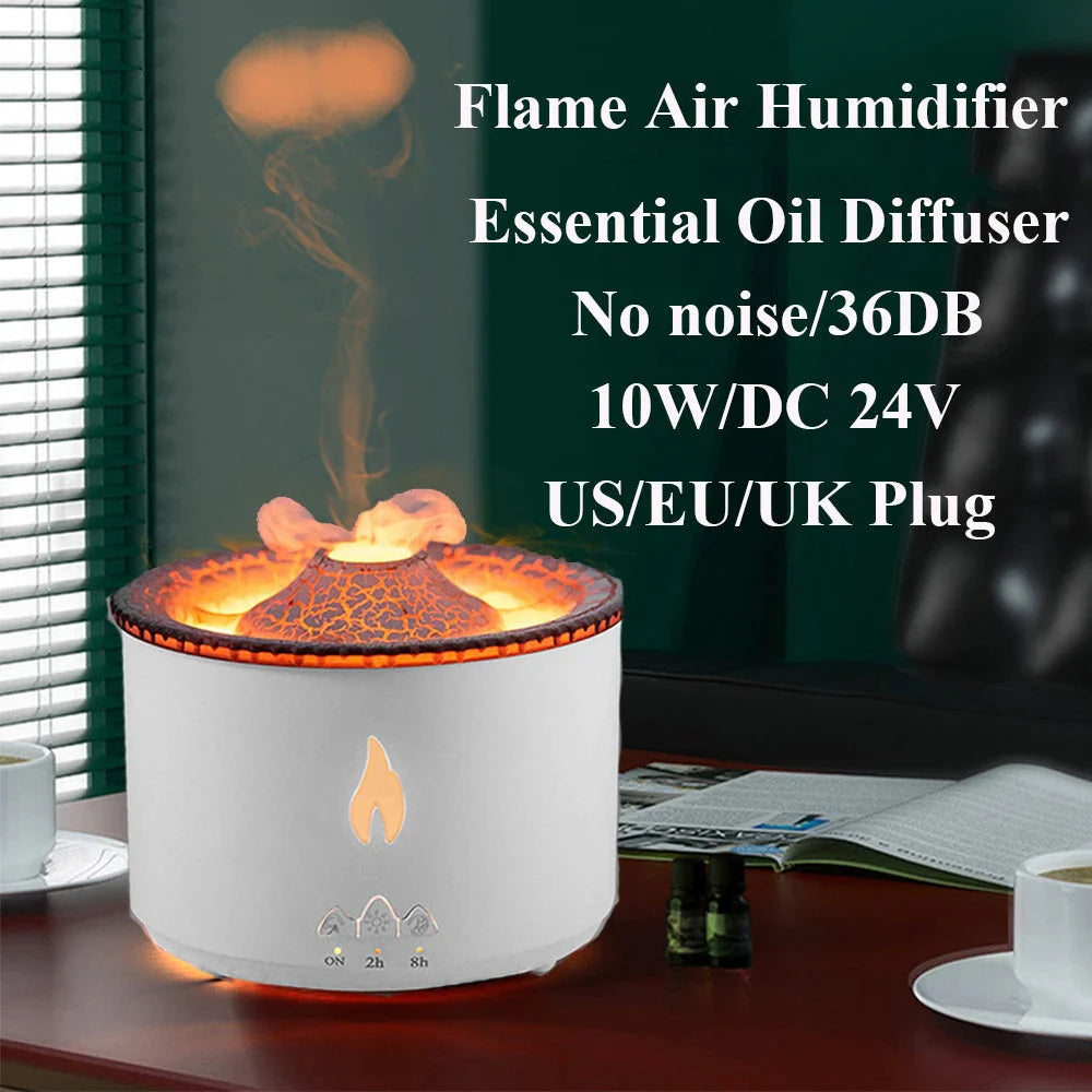 Ultrasonic essential oil humidifier with mesmerizing flame and jellyfish smoke ring effects, ideal for creating a soothing and relaxing atmosphere in any home or office.