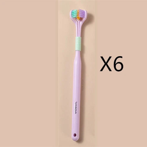 A soft bristle toothbrush with a unique triple-sided brush head for deep cleaning and customizable bristle firmness.