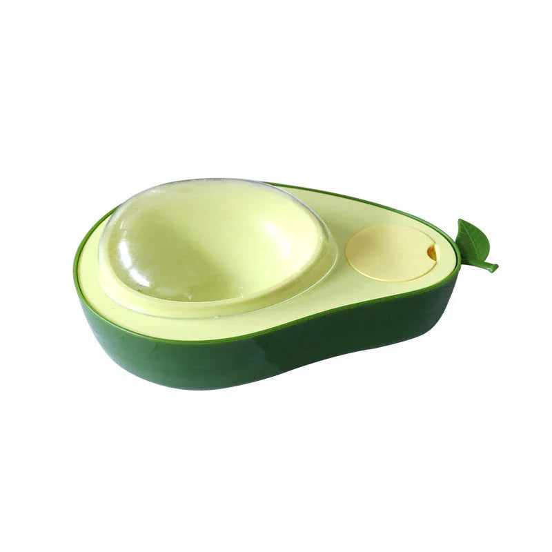 Avocado-shaped automatic pet food and water dispenser for dogs and cats, featuring a raised feeder, slow-feed bowl, and adjustable water flow