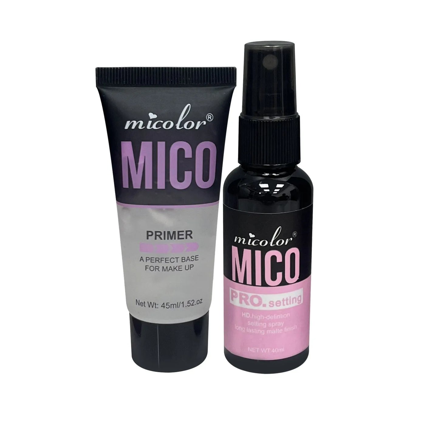 Monochrome makeup primer and setting spray duo bottles, 45ml and 40ml