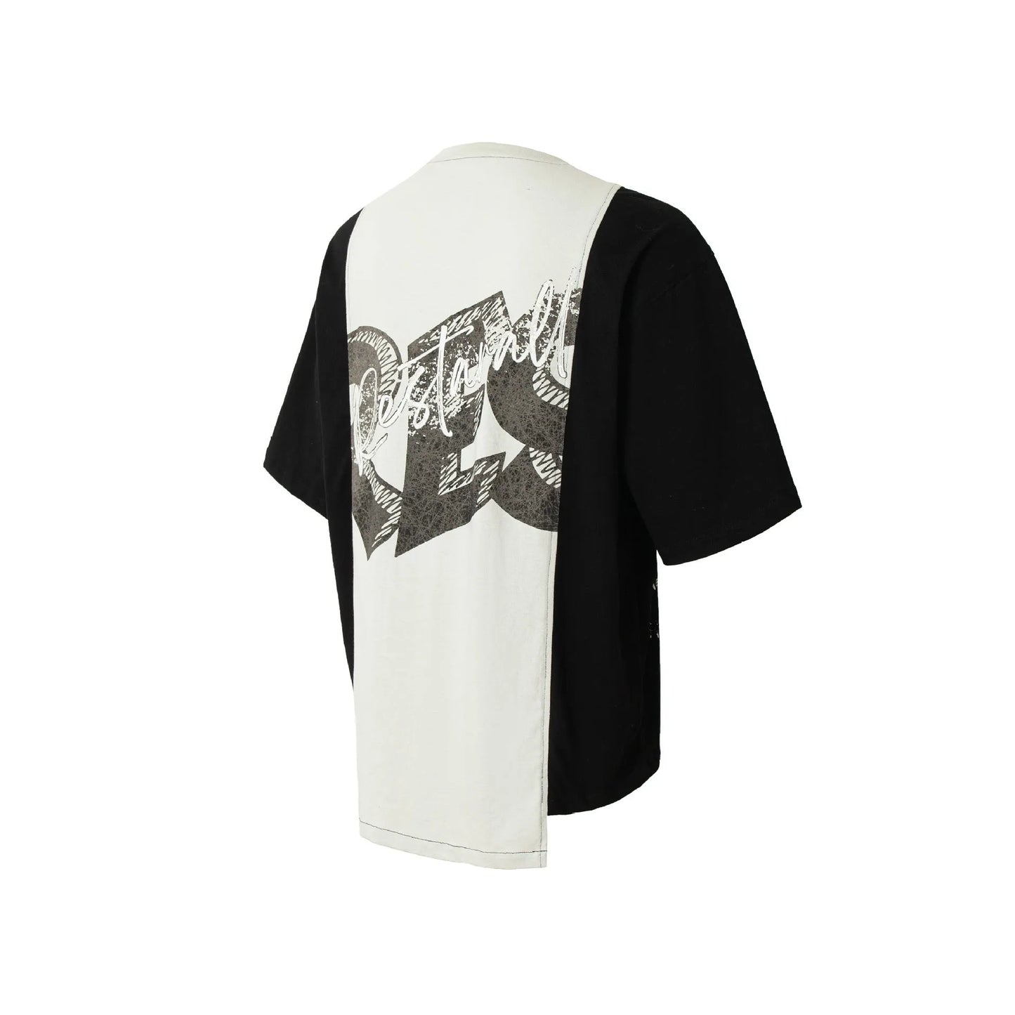 Black and white deconstruction print on a loose fit cotton blend t-shirt for streetwear.