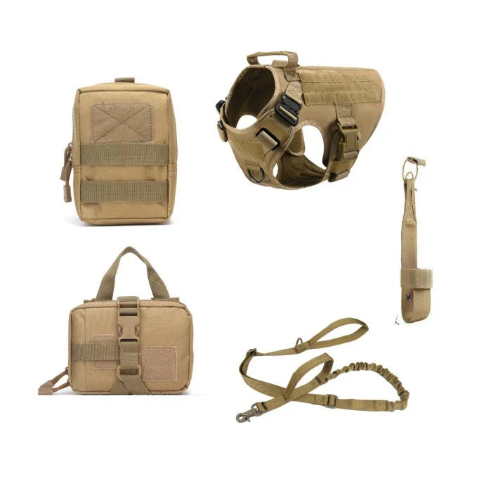 Premium tactical dog harness with reinforced metal buckles, customizable morale patches, and a top handle for control and lifting.