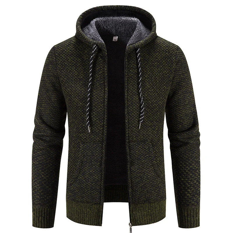 Warm and cozy plush sweater coat with zipper closure, drawstring hood, and long sleeves for winter wear