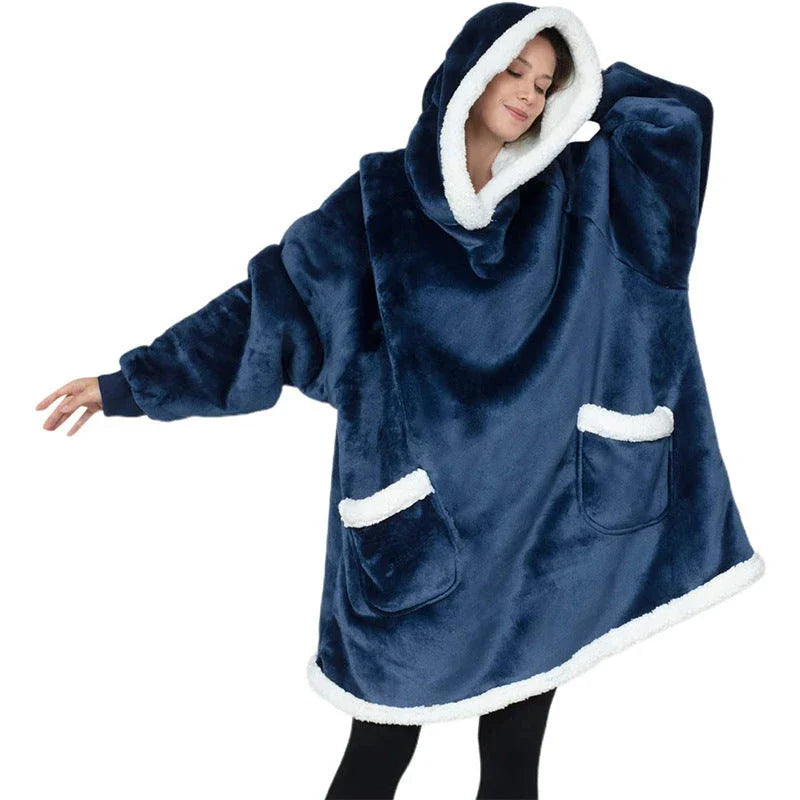 Cozy TV Hoodie Blanket in various colors, including pink, black, navy blue, wine red, and grey, with convenient pockets for relaxing at home