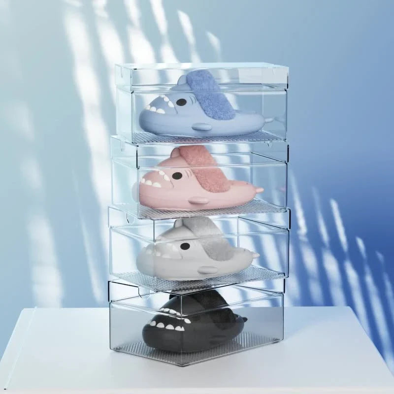 Cozy shark-inspired slippers with plush material and durable EVA soles for comfortable indoor and outdoor wear