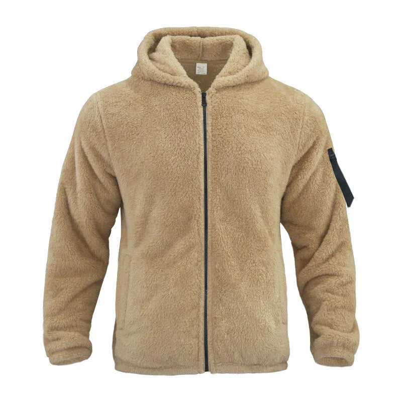 Plush hooded jacket in various colours, featuring a cosy design with a relaxed fit and convenient side pockets
