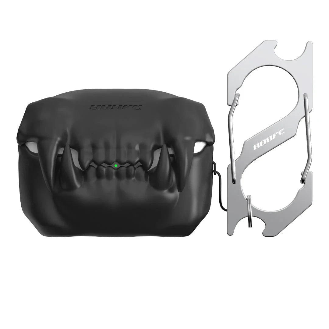 A silicone protective case for AirPods Pro earbuds, featuring a spooky, fluorescent design and a detachable keychain.