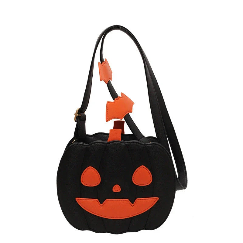 Pumpkin cartoon shoulder bag with adjustable strap and roomy interior, available in various Halloween-inspired colors