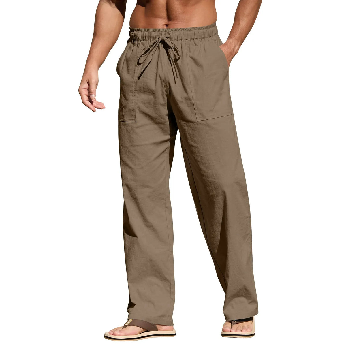 Men's cotton beach trousers with drawstring elastic waist straight leg casual design in multiple colours