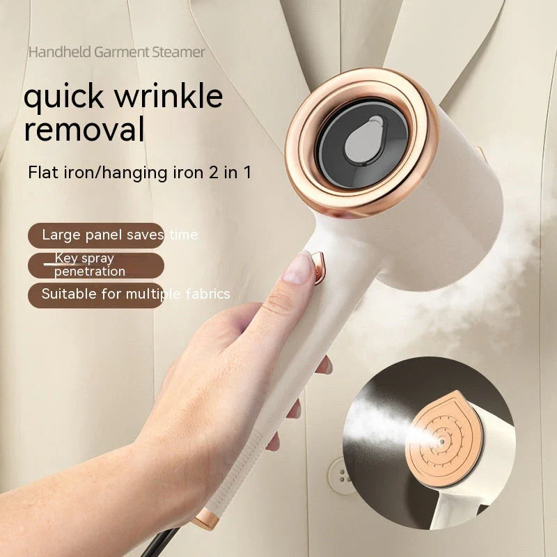 Compact, portable garment steamer with titanium-coated soleplate for wrinkle-free clothes at home or on the go