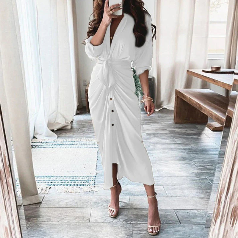 Elegant European and American Printed Maxi Dress with Long Sleeves and Lace-Up Detailing