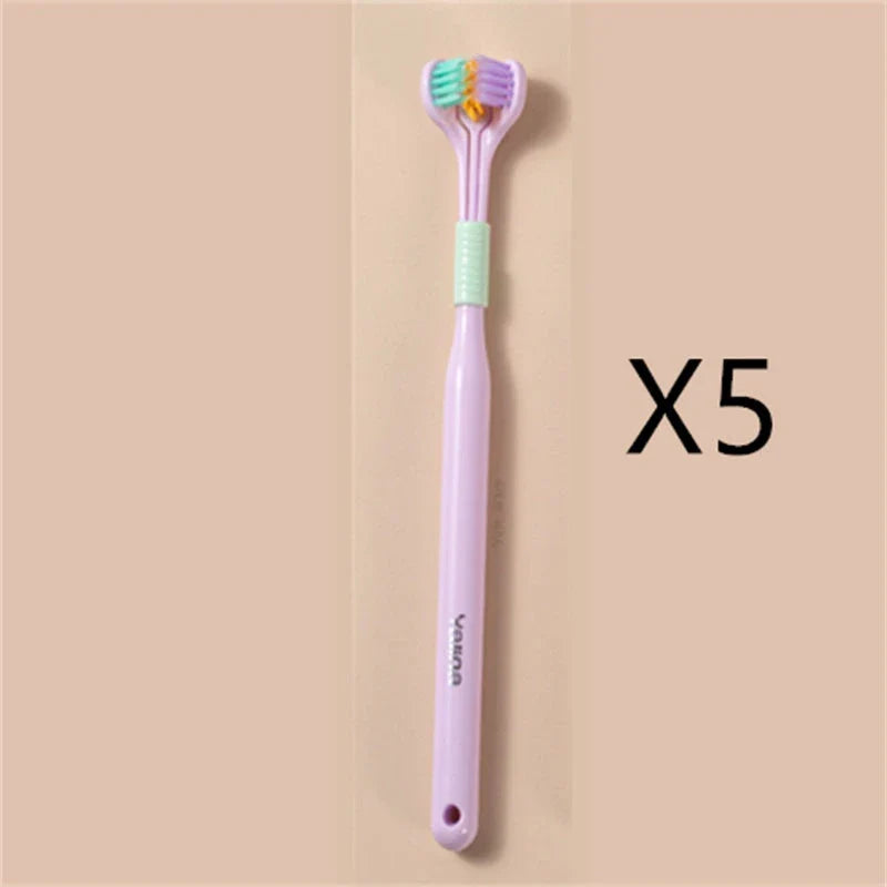 A soft bristle toothbrush with a unique triple-sided brush head for deep cleaning and customizable bristle firmness.