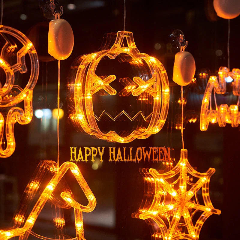 Spooky Halloween window lights featuring ghostly silhouettes, carved pumpkins, and creepy spiders for festive seasonal decor