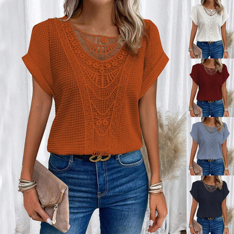 A stylish and comfortable short-sleeve t-shirt for women, featuring a unique hollowed-out design and breathable polyester fabric.