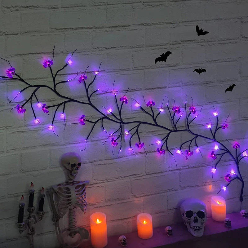 Enchanting Halloween vine lights with playful bat and pumpkin designs, creating a mesmerizing holiday display