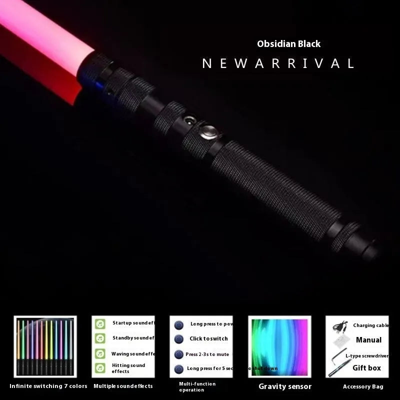 Metal rechargeable laser sword toy with gravity induction, 16 colour-changing lights, and 8 sound effects for children aged 7-14.