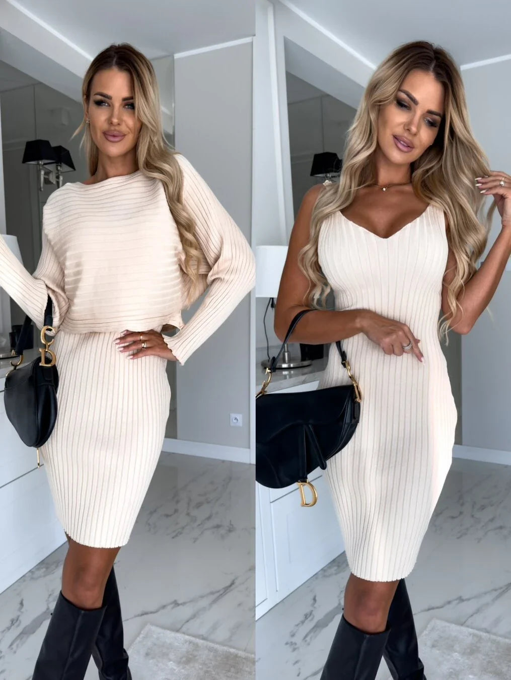 Stylish 2-piece outfit featuring a long-sleeve striped top and suspender skirt in various colors