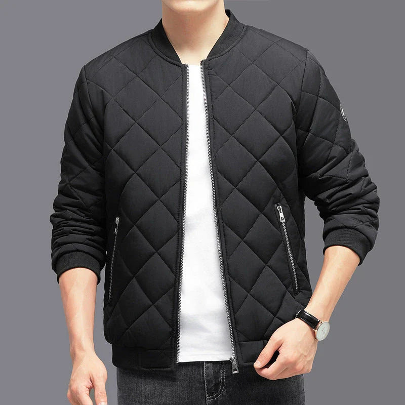 Insulated cotton jacket with rhombic-sewing design, available in khaki and black colors.