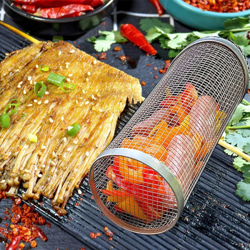 Stainless steel wire mesh grilling basket for cooking a variety of foods on the barbecue or outdoor grill