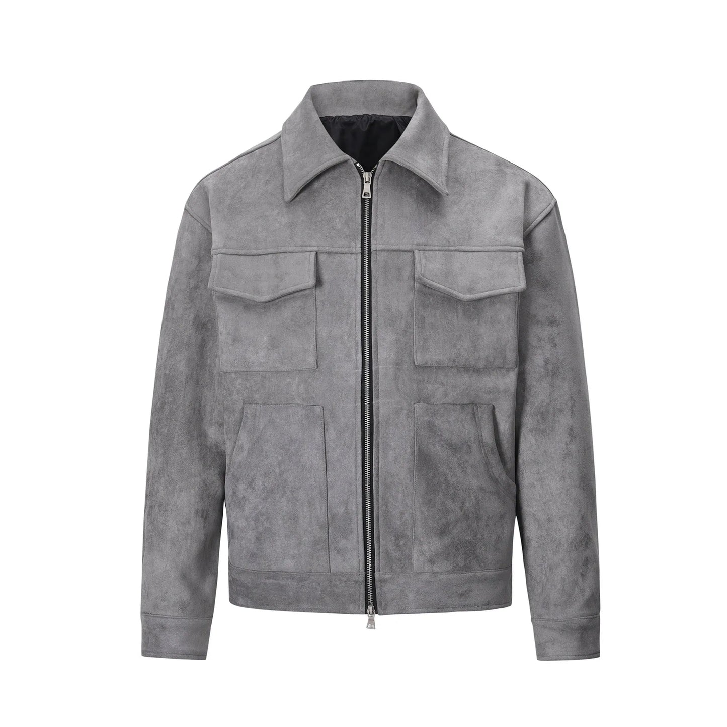 Men's black thickened slim fit jacket with big pockets and a front zipper.