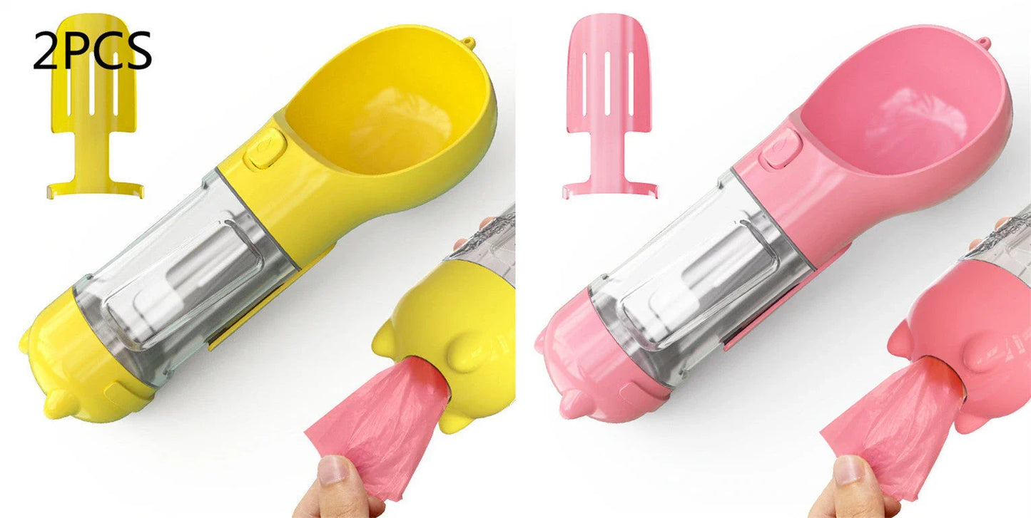 Multipurpose Pet Water Bottle with Feeding Bowl and Waste Bag Storage - Durable, Portable, and Convenient