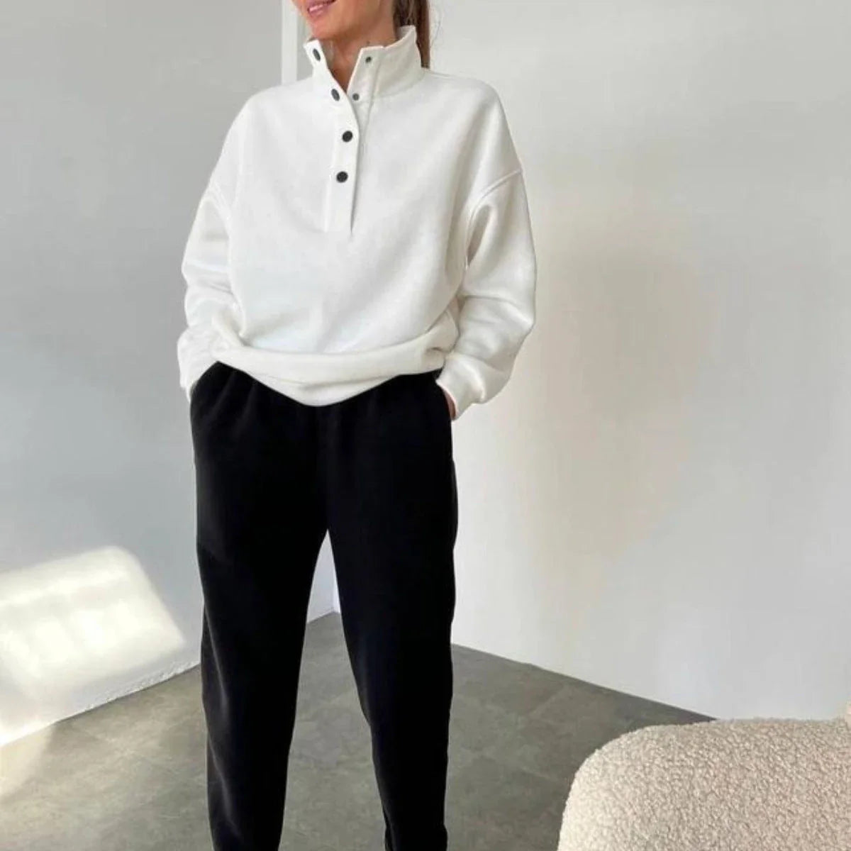 Cozy Casual Oversized Pullover & Pant Set in White, Gray, and Beige Colors