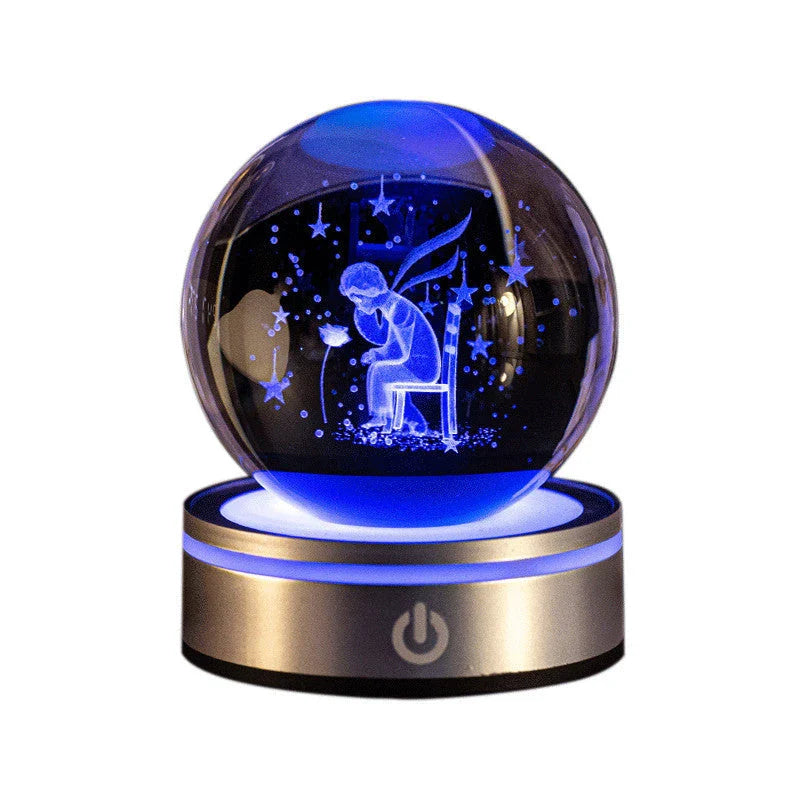 Luminous crystal ball with various celestial-inspired designs, including the Milky Way, Solar System, and Constellation.
