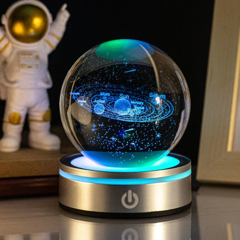 Luminous crystal ball with various celestial-inspired designs, including the Milky Way, Solar System, and Constellation.