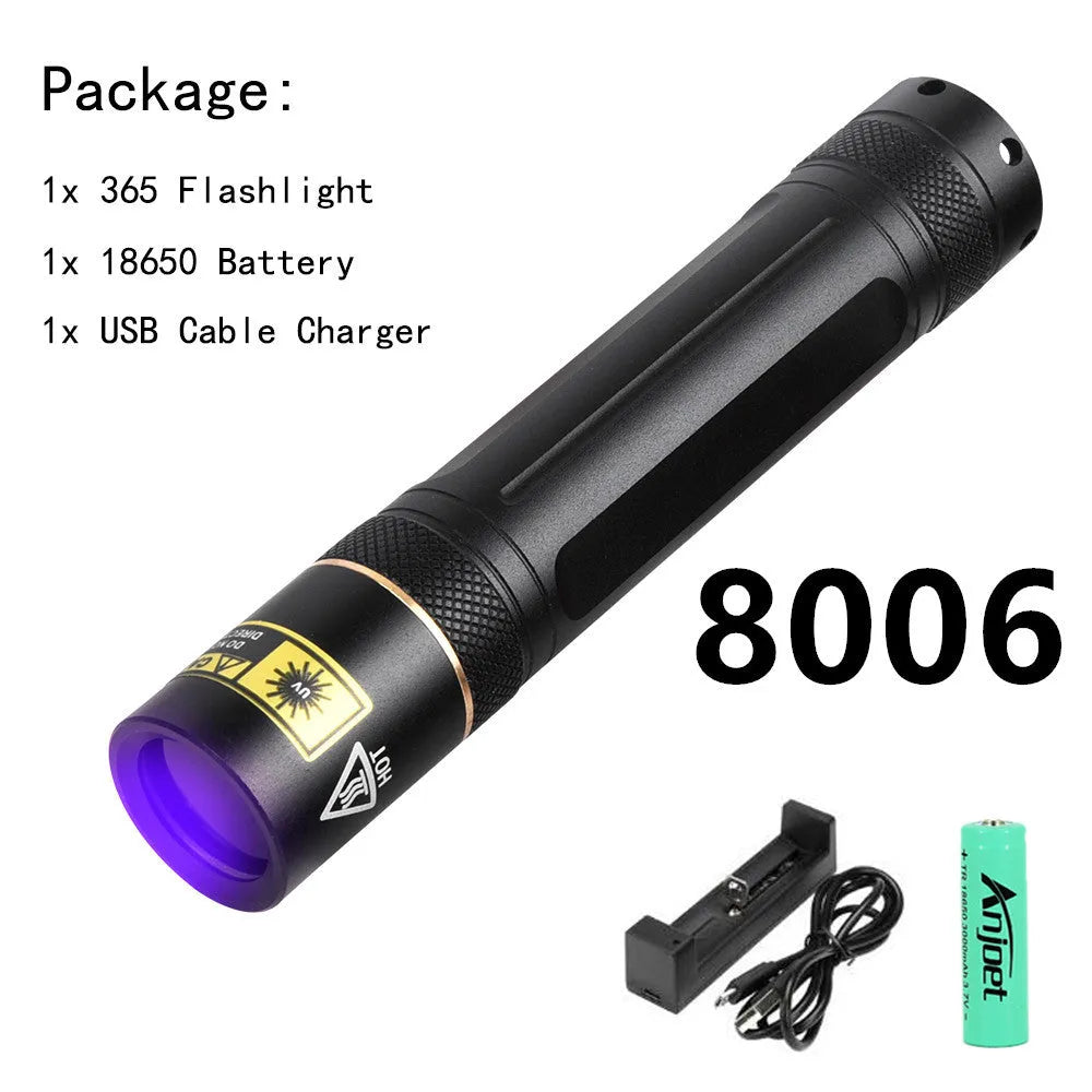 Y36 8006 365nm UV LED flashlight in aluminium alloy with 5W power and 18650 battery option