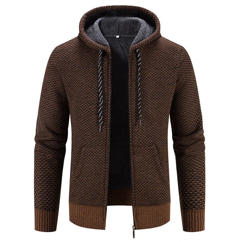 Warm and cozy plush sweater coat with zipper closure, drawstring hood, and long sleeves for winter wear