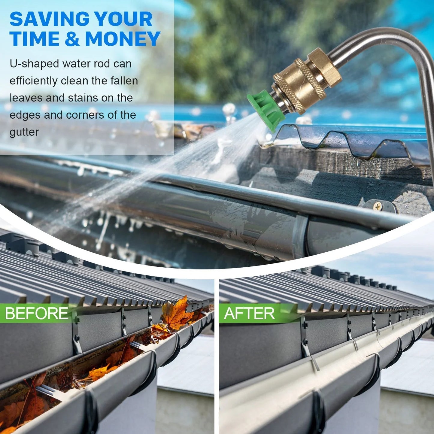 Stainless steel high-pressure washer gutter cleaning rod extending to 110 inches.