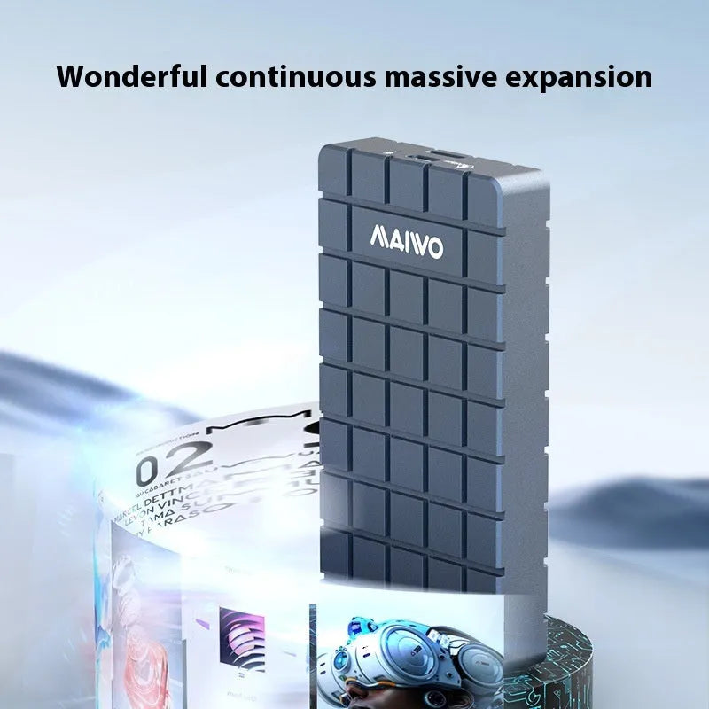 Slim aluminium USB4 hard disk enclosure for M.2 NVMe SSDs, shown next to a laptop.